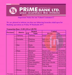 Prime Banking Hours Notice