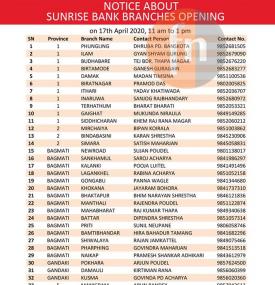 Sunrise बैंकको शाखाहरु खुल्ला रहने सूचना