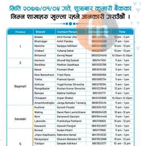 कुमारी बैंकको शाखाहरु खुल्ला रहने सूचना