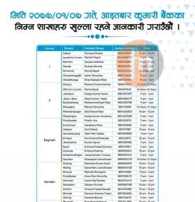 कुमारी बैंकको शाखाहरु खुल्ला रहने सम्बन्धी सूचना