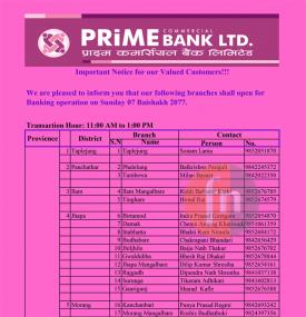 Prime Banking Hours Notice