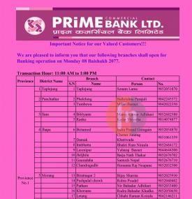Prime Banking Hours Notice