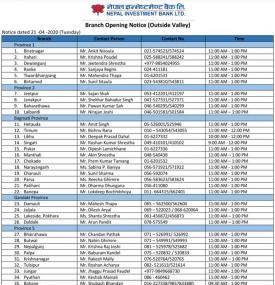 Branch Opening Schedule (Outside Valley)