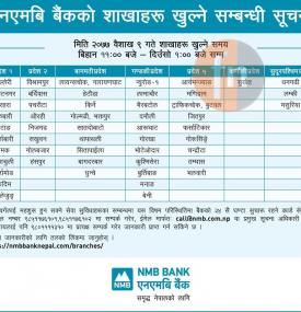NMB बैंकको शाखाहरु खुल्ने सम्बन्धि सूचना