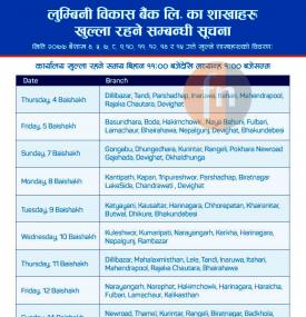 Lumbini Branch Opening Schedule