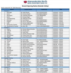 NIBL Branch Opening Schedule (Outside Valley)
