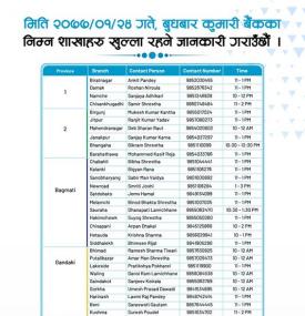 KBL Branches Opening Hours Notice
