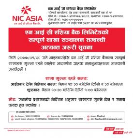 NIC Asia बैंकको शाखाहरु खुल्ने सम्बन्धि सूचना