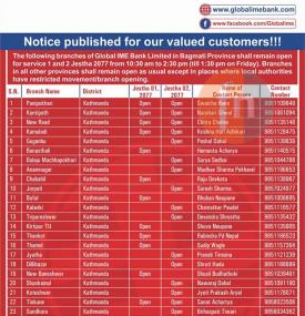 Global IME Banking Hours Notice