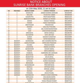 Sunrise बैंकको शाखाहरु खुल्ला रहने सूचना