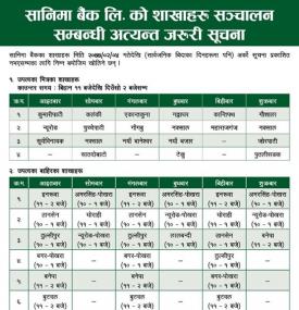 सानिमा बैँकको शाखाहरु सञ्चालन सम्बन्धी जरुरी सूचना !