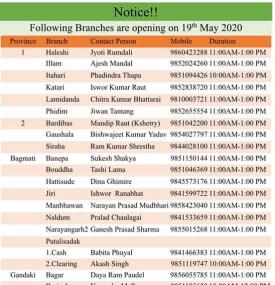 Following Branches are opening on 19th May