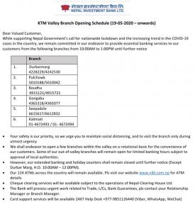NIBL Branch Opening Schedule (Inside Valley)