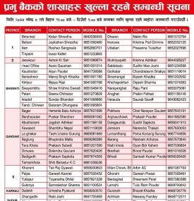 Prabhu बैंकको शाखाहरु खुल्ला रहने सूचना