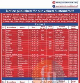 Global IME Banking Hours Schedule (Province 1-7)