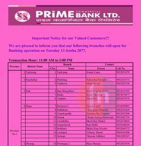 Prime बैंकको शाखाहरु खुल्ला रहने सूचना