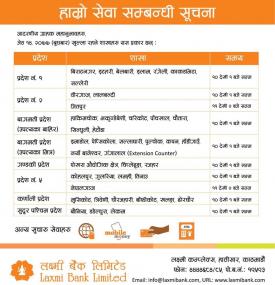 Laxmi बैंकको शाखाहरु खुल्ने सम्बन्धि सूचना