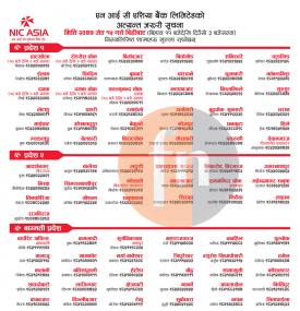 NIC Asia बैंकको शाखाहरु खुल्ने सम्बन्धि सूचना