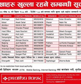 Prabhu बैंकको शाखाहरु खुल्ला रहने सूचना