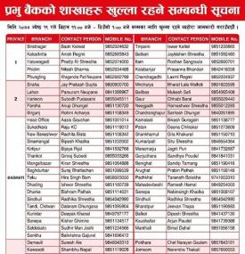 Prabhu बैंकको शाखाहरु खुल्ला रहने सूचना