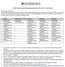 NIBL Branch Opening Schedule (Inside Valley)