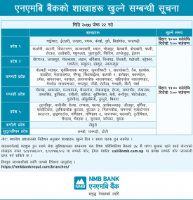 NMB बैंकको शाखाहरु खुल्ने सम्बन्धि सूचना