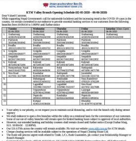 NIBL Branch Opening Schedule (Inside Valley)