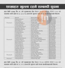 BOK का शाखाहरू खुल्ला रहने सम्बन्धी सूचना 