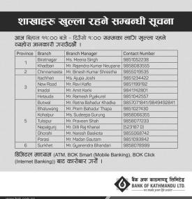 शाखाहरु खुला रहने सम्बन्धी सूचना !