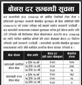 बोनस दर सम्बन्धी सूचना