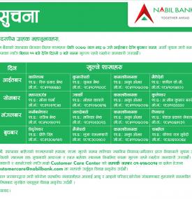 नबिल बैंकको भाद्र ७ गते खुल्ला रहने शाखाहरु