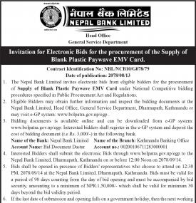 Invitation for Electronic Bids for the procurement of the Supply of Bank Plastic Pay wave EMV Card.