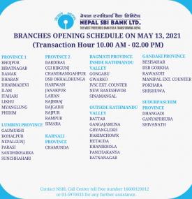 Branches Opening Schedule on May 13, 2021 !!