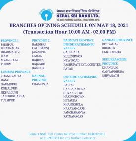 Branches Opening Schedule on May 18, 2021 !!