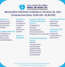 Branches Opening Schedule on May 20, 2021 !!