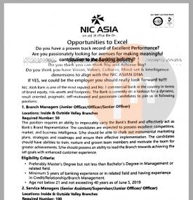NIC Asia बैंकमा ठूलो संख्यामा जागिर खल्यो