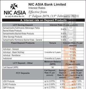 NIC Asia बैंकको नयाँ ब्याजदर, हेर्नुहोस् कुन खातामा कति छ ? - New Interest Rates -