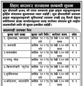 तिहार काउण्टर संचालन सम्बन्धी सूचना