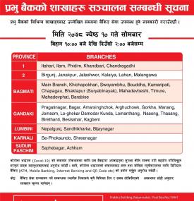 प्रभु बैंकका निम्न शाखाहरु खुल्ला रहने सूचना!