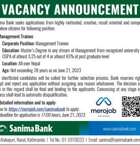 Sanima Bank Announces Vacancy for Management Trainees