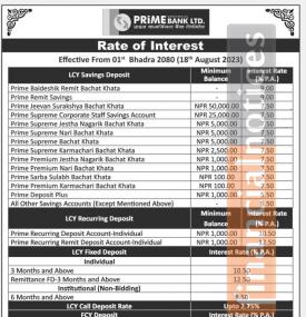 प्राईम बैंकको नयाँ ब्याजदर सार्वजनिकबारे सूचना - Interest Rates -