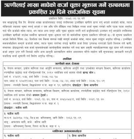 ऋणीहरुलाई भाखा नाघेको कर्जा चुक्ता भुक्तान गर्ने सम्बन्धमा ३५ दिने सार्वजनिक सूचना