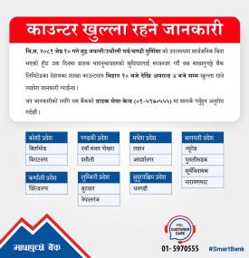सार्वजनिक विदाको दिन बैंकको काउन्टर खुल्ला रहने सम्बन्धी सूचना -