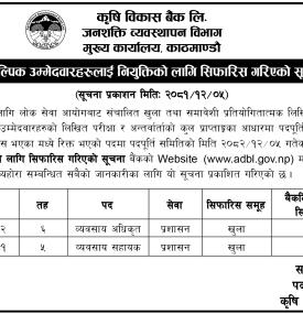 कृषि विकास बैंकको वैकल्पीक परीक्षार्थीलाई नियुत्तीको लागि सिफारीस गरिएको सूचना