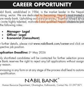 Nabil Bank Opens Vacancy for Legal and Economist Positions
