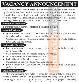 Excel Development Bank Announces Vacancy for Gold Tester Position