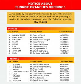 सनराइज बैंकको शाखाहरु खुल्ला रहने सूचना - Banking Hours -